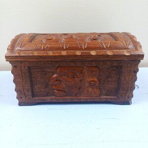 Hand-Carved Wooden Trinket Box With Tribal Motif Design & Hinged Lid
